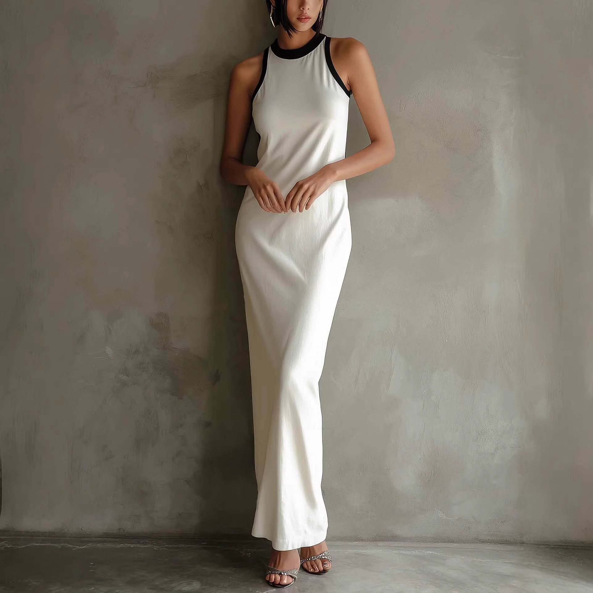 2026 Europäische und amerikanische grenzüberschreitende unabhängige Website Elegantes lässiges ärmelloses Strickkleid im Farbblock-Design_voghion.com
