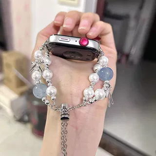 双圈珍珠蝴蝶结表带适用于苹果iwatch123456789S10手表腕带表带