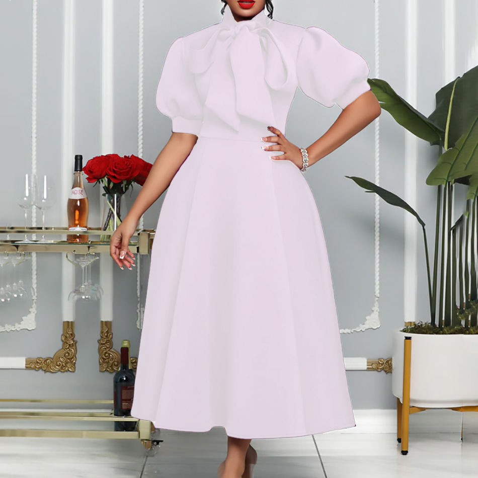 Plus Size Womens Summer Dress Solid Color Bow Tie Flared Skirt Elegant Party Wear Wholesale Available