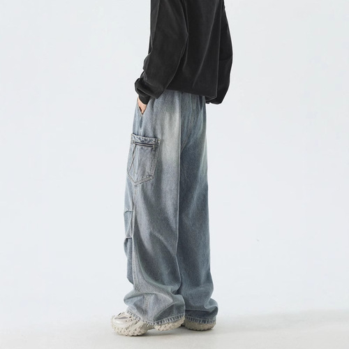 American Retro Pouched Wide-Leg Washed Streetwear Jeans for Men Autumn Loose Casual Long Pants