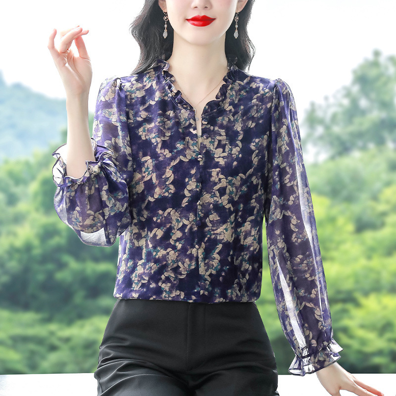 High-End Fashion Floral Blouse Brand Women's Silk Long-Sleeved Tops Classy Mulberry Silk Thin Mother's Large Size