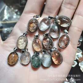 天然四季幽灵水晶吊坠颜色鲜艳景色美立体铜镶嵌配饰红色绿色幽灵