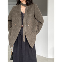 江左 韩系正肩飘带双面毛呢外套女冬季百搭廓形老钱风西装上衣809