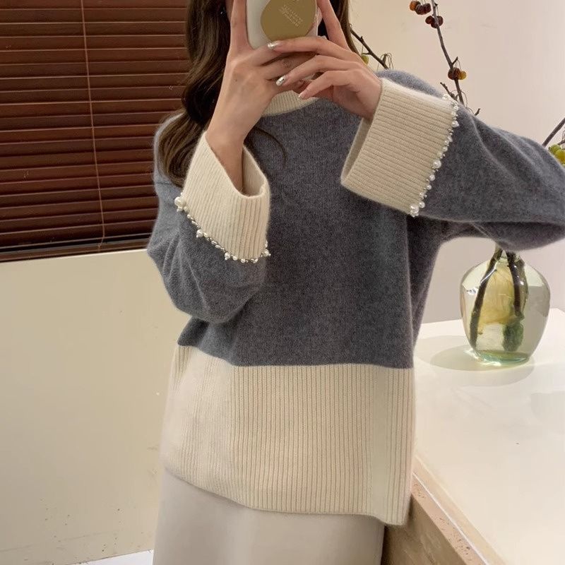 法式复古拼色毛衣女休闲百搭高端设计感袖口钉珠重工小众针织衫|undefined