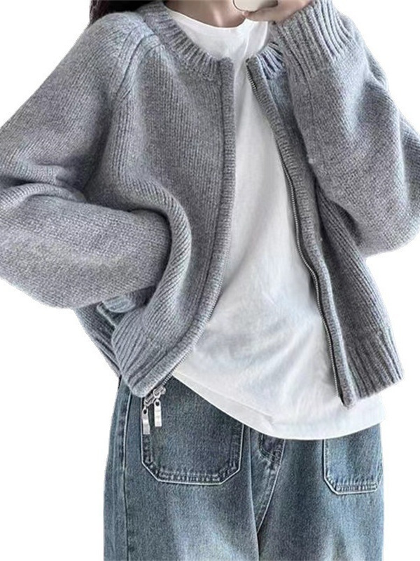 2025秋冬新款宽松灰色短款毛衣外套女装百搭拉链长袖针织开衫上衣|undefined