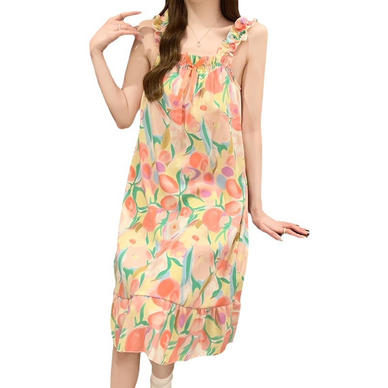 Verano con almohadilla de pecho dulce esling pijama vestido de mujer flores dulces lindas pijama casera casera