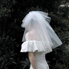 小白裙轻婚纱头饰新娘高级头纱登记领证头纱法式求婚拍照道具白纱
