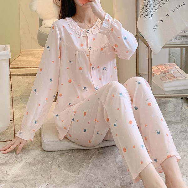 2025 New Summer Cotton Silk Pajamas for Women, Long-Sleeved Pants, Thin Confinement Clothes, Air-Conditioned Clothes, Cool in Spring, Autumn and Summer