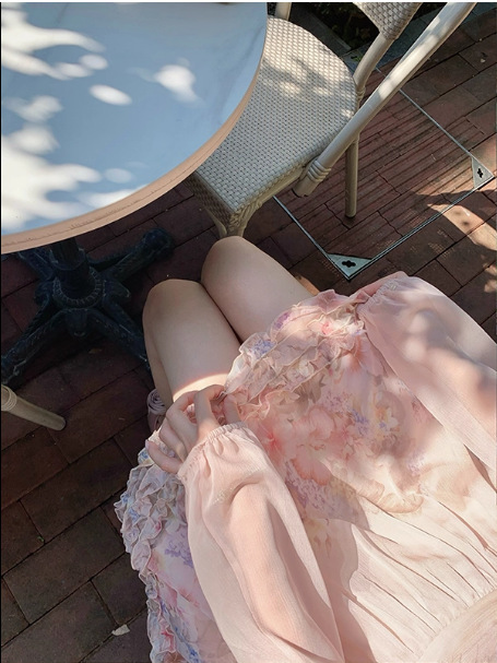 热狗很辣 花落梦夕收腰显瘦V领木耳边繁花长袖连衣裙|undefined