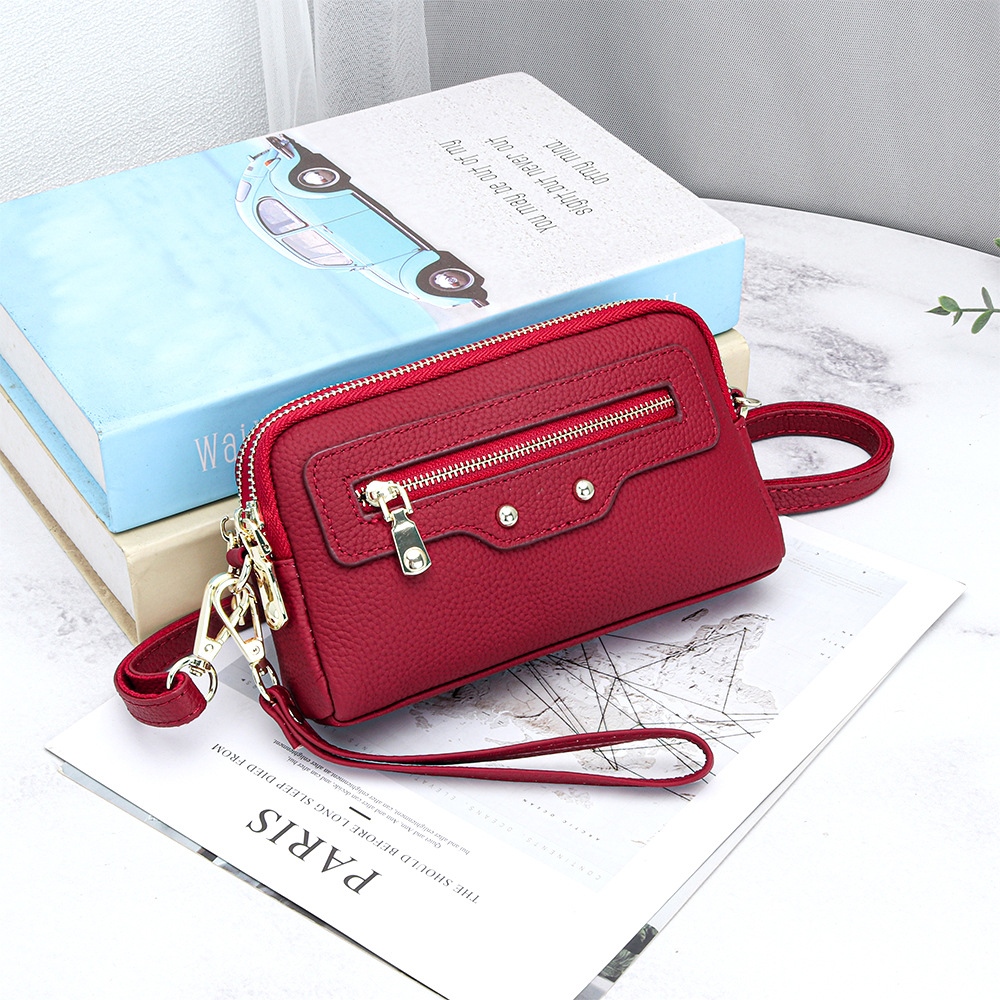 2026 New Motorcycle Style Women's Small Square Bag Top Grain Cowhide Double Zipper Crossbody Bag Multifunctional Clutch - Thumbnail 7