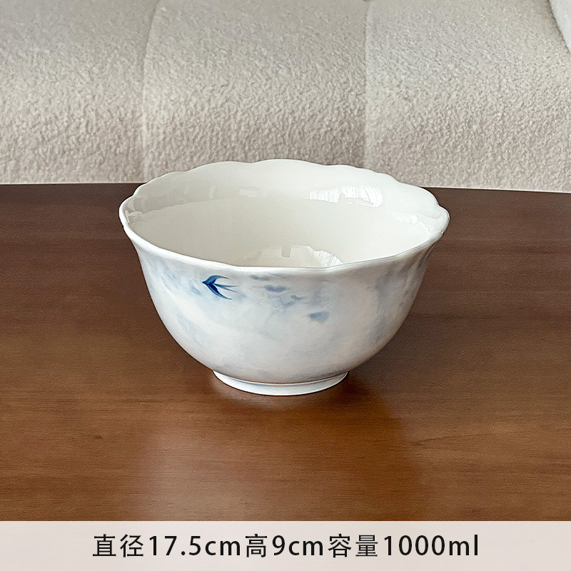 穆尼 ins水墨飞燕手绘釉下彩陶瓷碗高颜值双耳水果碗面碗菜碗汤碗|undefined