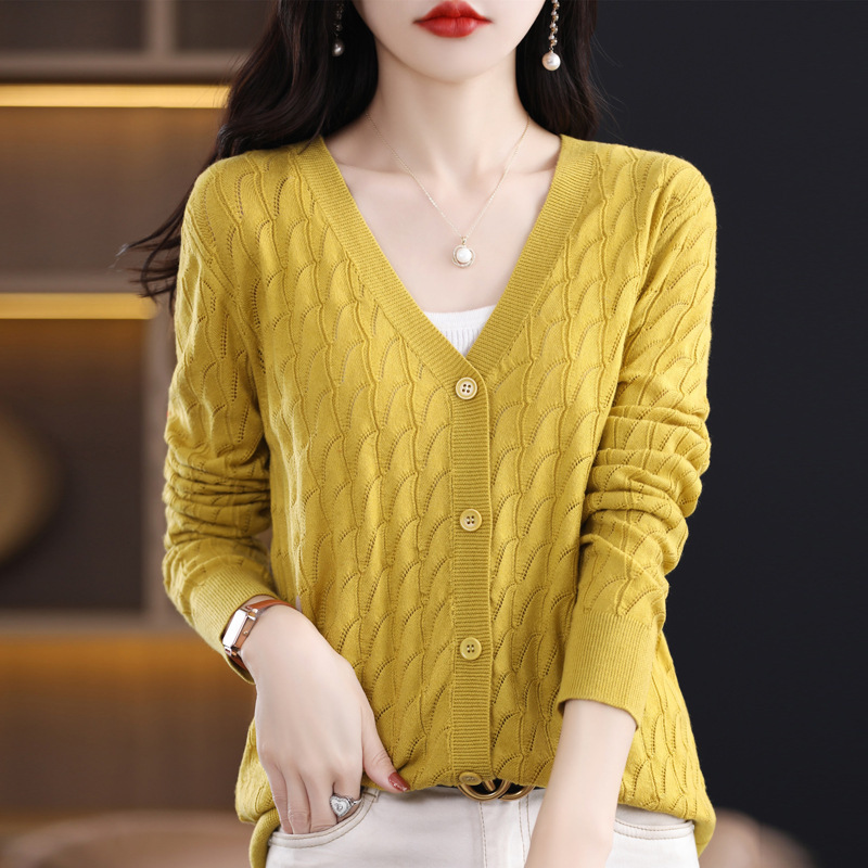 2024 New Spring and Summer Hollow Cardigan V-neck Top Thin Large Size Women's Worsted Wool Sweater Jacket
