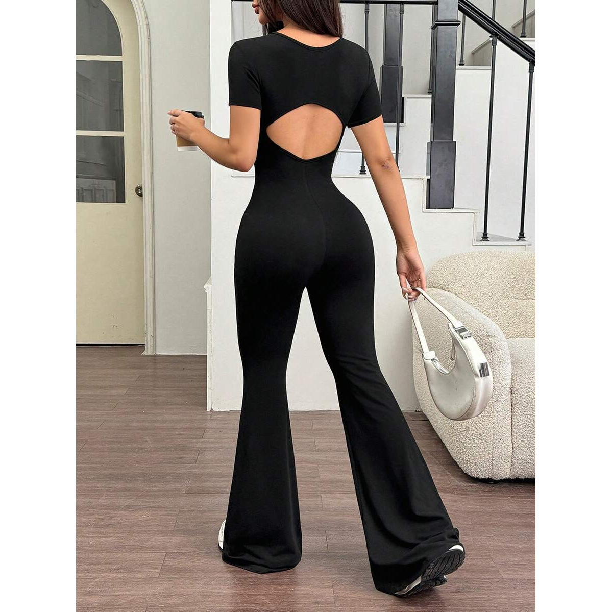 U 77131 Black slim short-sleeve wide-leg jumpsuit