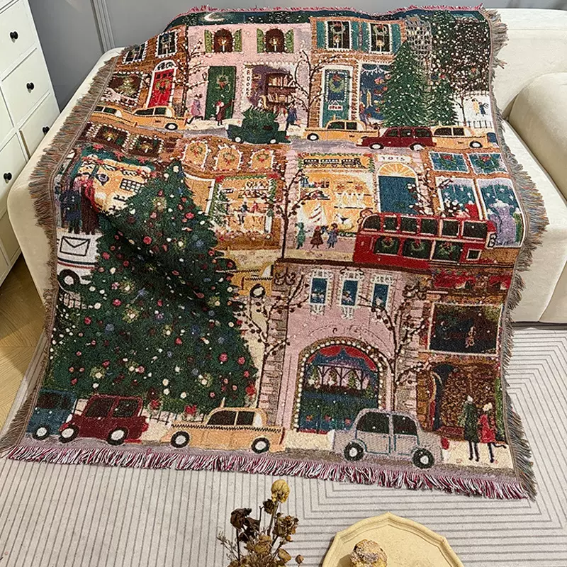 Merry Christmas 圣诞挂毯圣诞树沙发毯盖布节日布置墙面装饰毯
