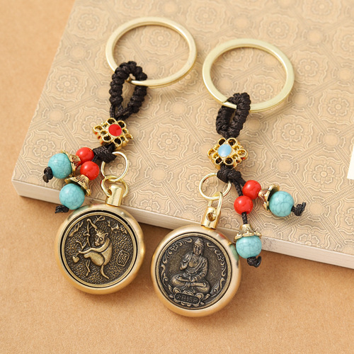 Twelve zodiac patron saint rotating keychain brass key pendant handle piece street stall travel manufacturer direct sale