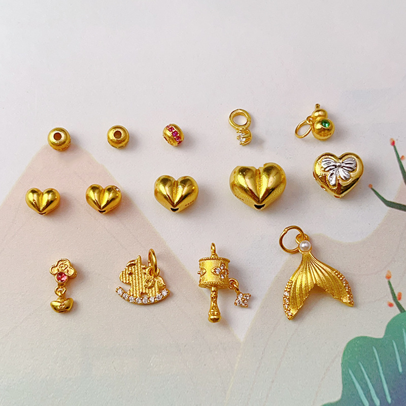S925 Silver Gold-Plated Peach Heart Gourd Rotating Tube Fish Tail Spacer Bead Accessories Pendant Bracelet Charm DIY New