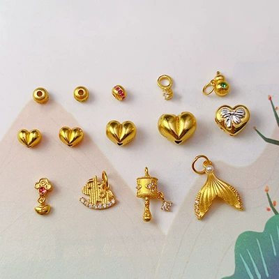 S925 Silver Gold-Plated Peach Heart Gourd Rotating Tube Fish Tail Spacer Bead Accessories Pendant Bracelet Charm DIY New