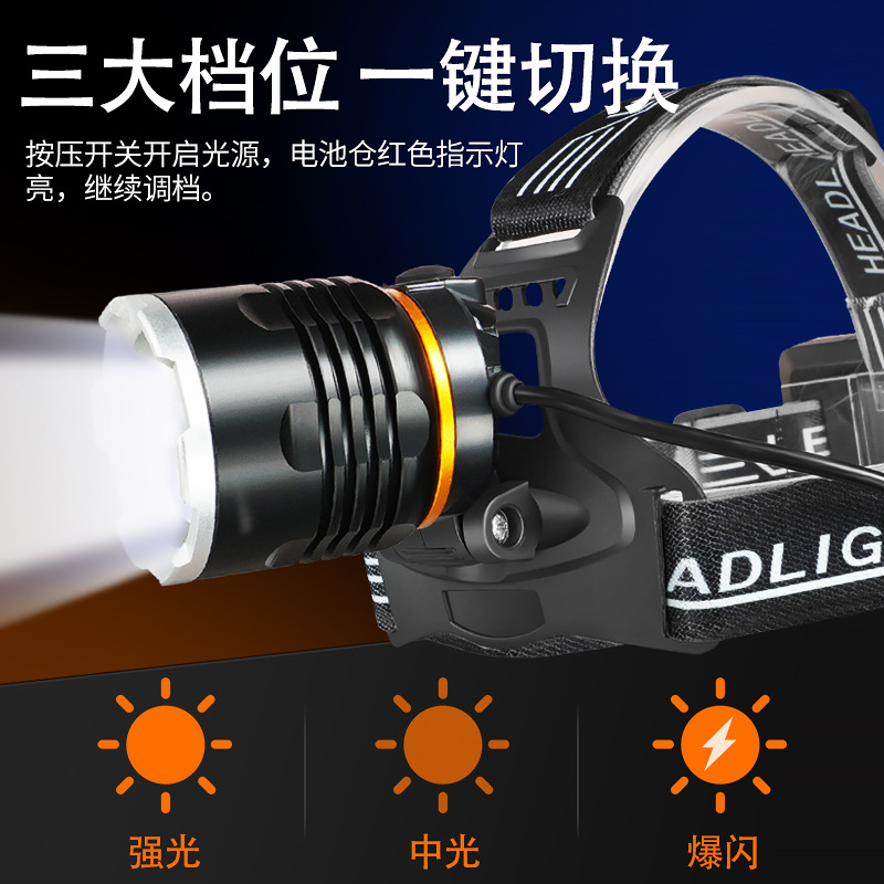 Faro P50 al aire libre transfronterizo de larga resistencia de aleación de aluminio enfoque telescópico de carga USB lámpara de pesca montada en la cabeza lámpara de minero