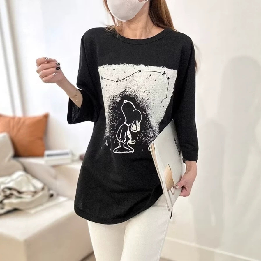 跨境爆款卡通可爱史努比七分袖T恤女2026秋季新款宽松大码上衣服