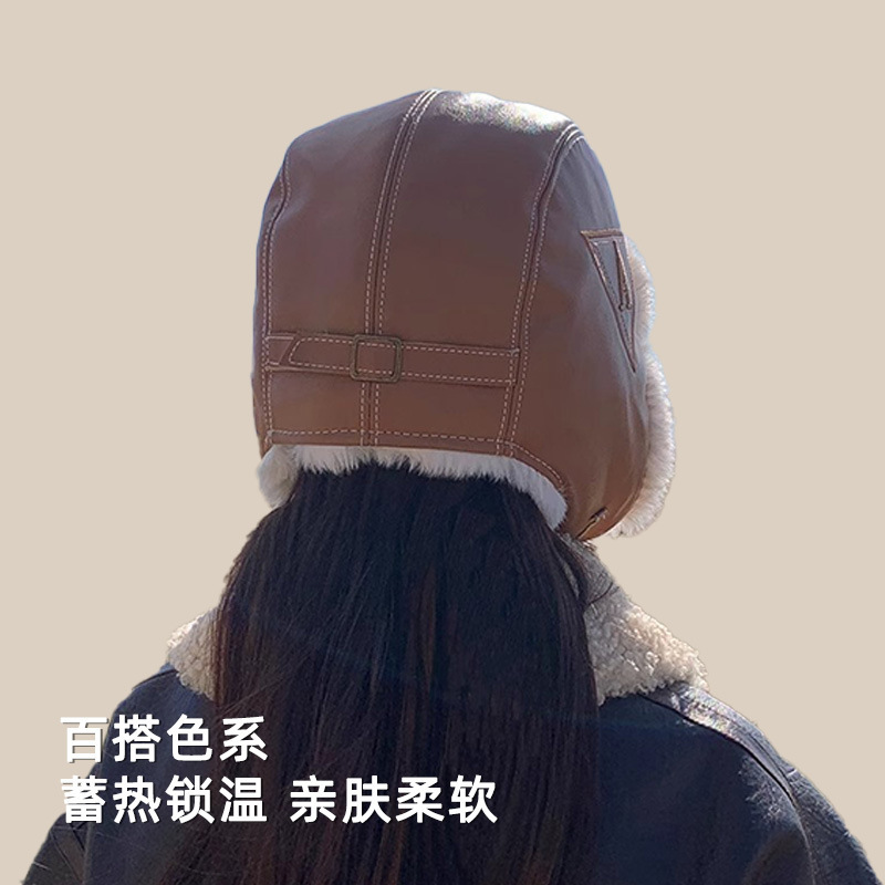 2025秋冬款保暖雷锋帽复古皮革飞行员帽子加绒护耳户外骑行机车帽|undefined