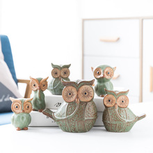 欧式复古窑变釉做旧猫头鹰一家创意可爱小鸟家居摆件盆景青铜色
