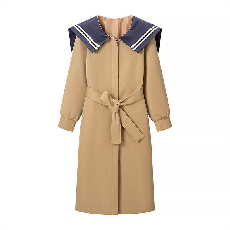 Cross-Border Foreign Trade 2026 European and American Style Fashion Women's New Versatile Elegant Navy Collar Tie Long Trench Coat
