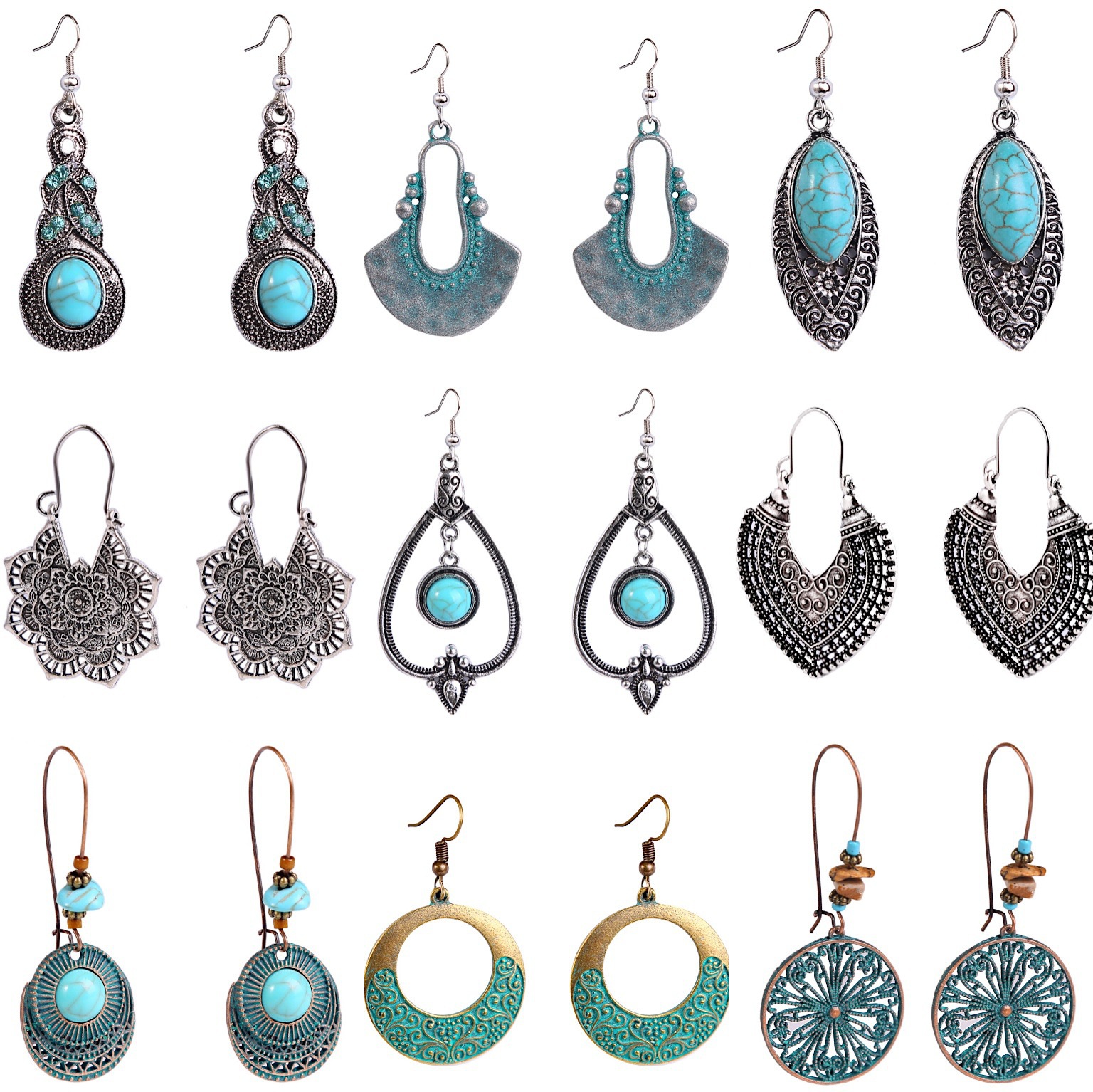 1 Pair Bohemian Water Droplets Heart Shape Flower Hollow Out Inlay Alloy Turquoise Drop Earrings display picture 1