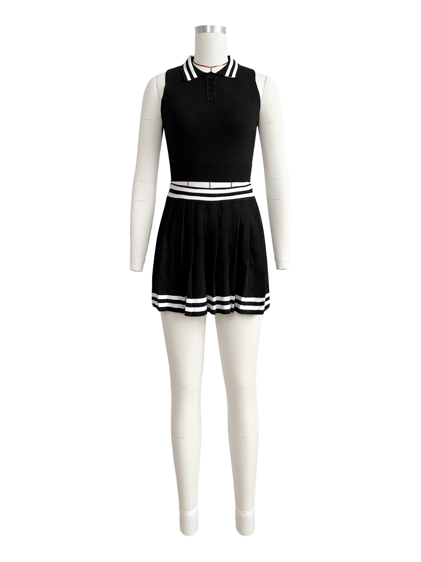 Women Clothing Woolen Collared Breasted Striped Tight Pleated Skirt Set