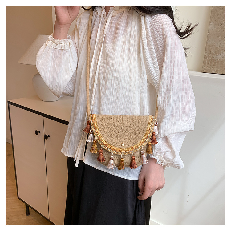 Women's Braid Color Block Vacation Beach Weave Bucket Flip Cover Straw Bag