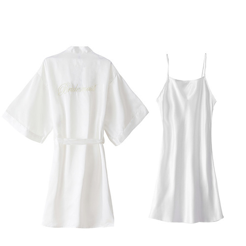 Women's nightgown, spring and summer imitation silk embroidered dressing gown, bride's bridesmaid's dressing gown, wedding nightgown