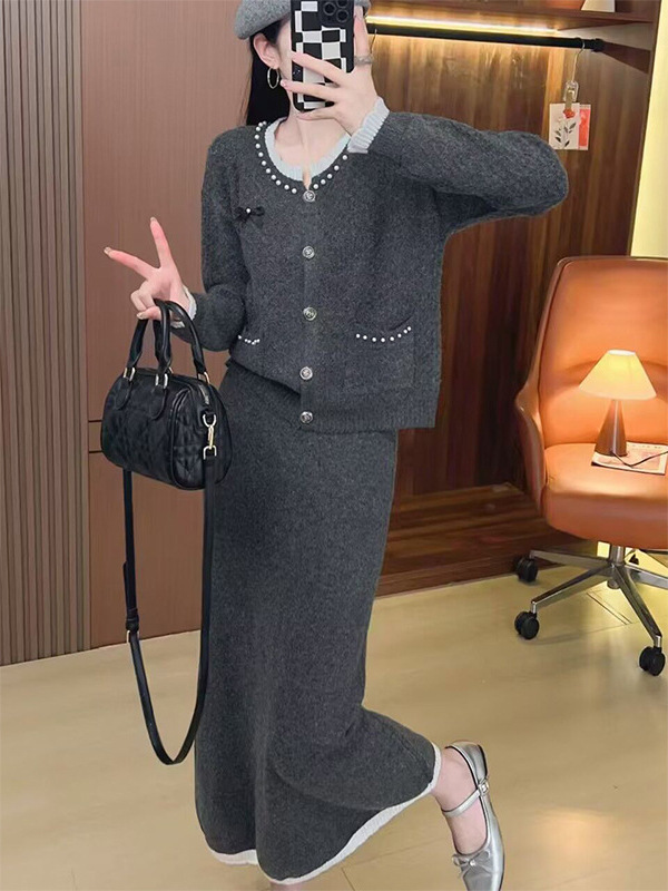法式小香风钉珠设计款毛衣两件套秋冬新款高腰半身裙针织衫套装女|undefined