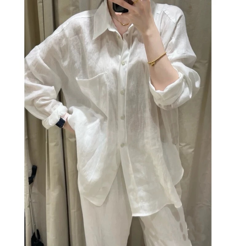 Trendy Old Money Style Linen Shirt for Women, New Summer Sun-Protective White Cotton-Linen Shirt with High-End Feel, Wide-Leg Pants Set
