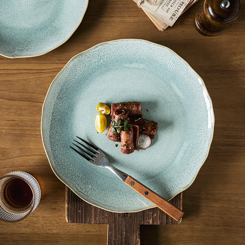 Plato de cerámica japonesa retro, plato de carne, plato de pasta, platos caseros, plato de desayuno, plato de postre