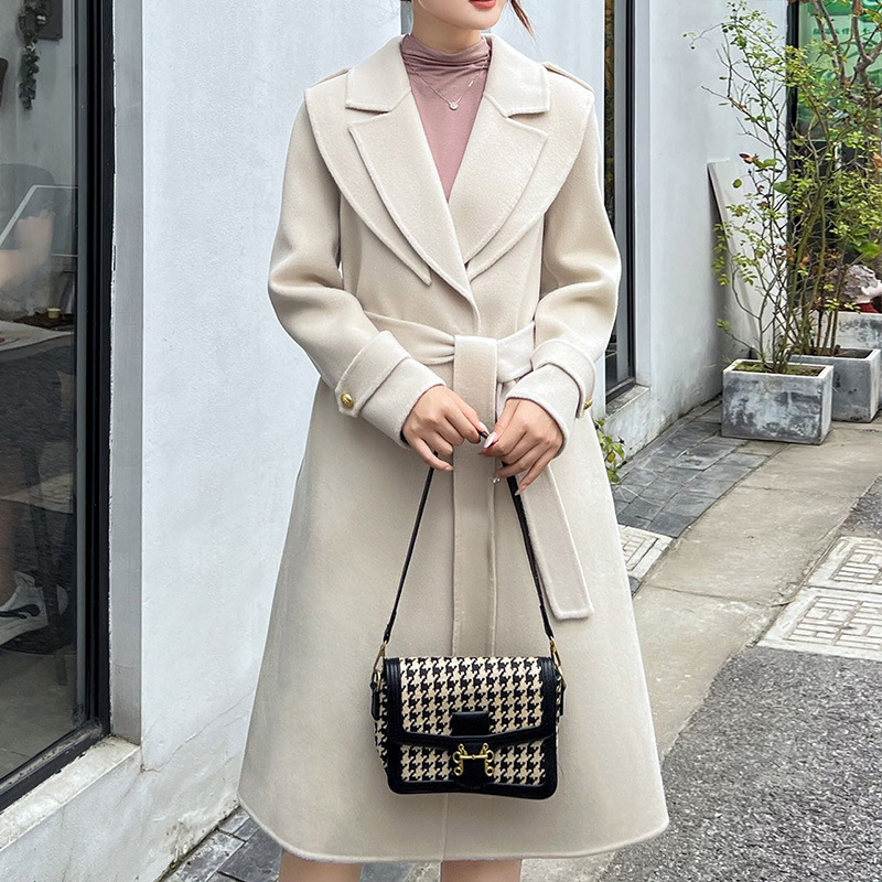 Classic High-End Lace-Up Woolen Coat 2025 Spring & Fall New Style Extended Elegant Casual Outwear Woolen Coat