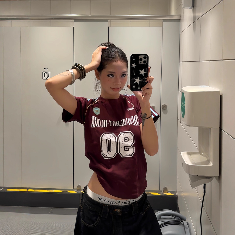 Retro Sports Jersey 2025 Summer Trend New Raglan Short-Sleeved T-Shirt Women's Summer Right Shoulder Slim Hot Girl Clothes