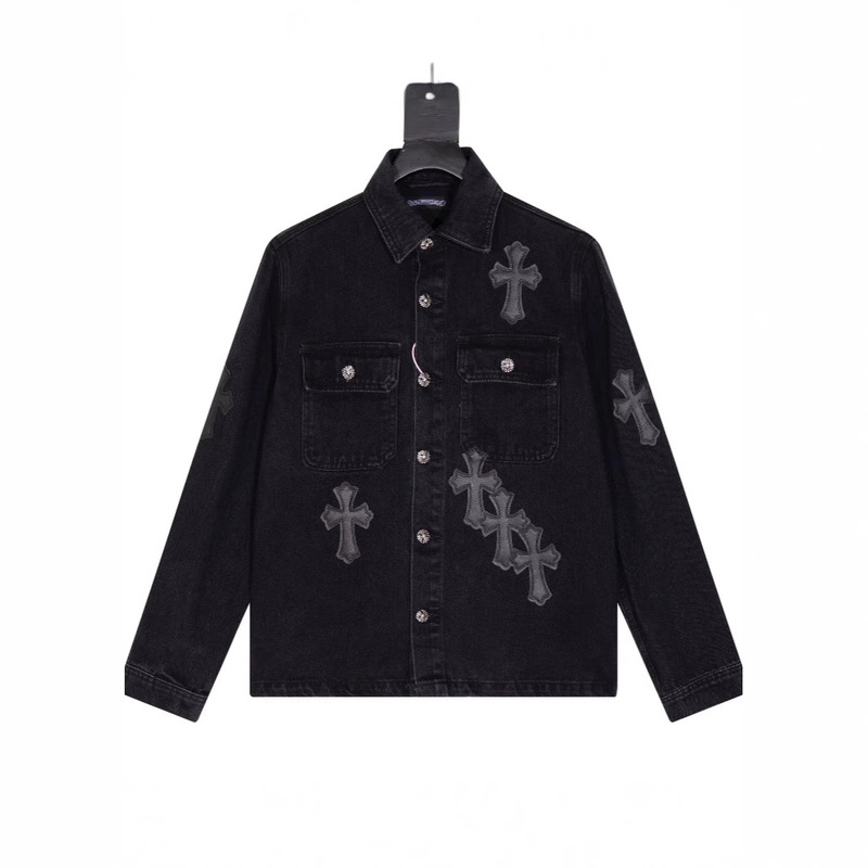 Ch Heavy Industry Chrome Hearts24Ss Autumn and Winter Chrome Cross Black Leather Jacket Denim Jacket