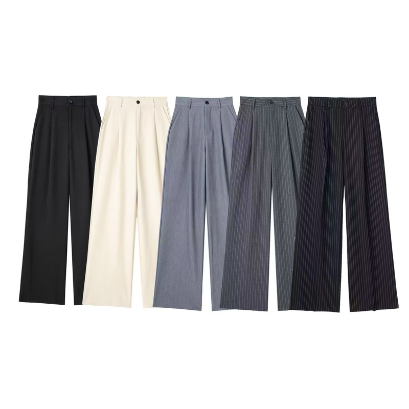 Foreign trade wholesale 2024 spring new women's European and American style urban leisure pleated high waist Joker straight trousers Foreign trade wholesale 2024 spring new women's European and American style urban leisure pleated high waist Joker straight trousers