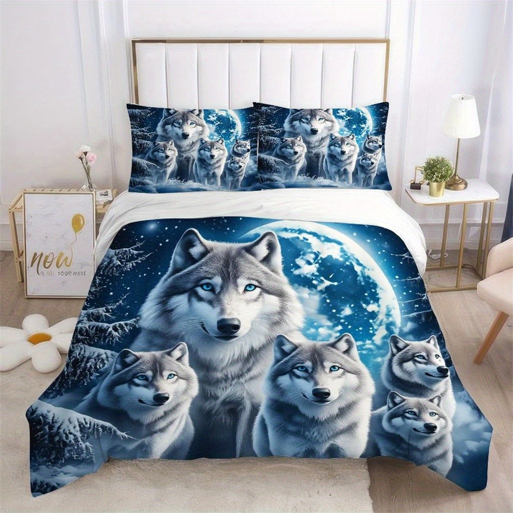 TEMU / JIT transfronterizo impresión digital abrasión edredón kit tridimensional animal lobo blanco estilo textil para el hogar dibujo puede hacer