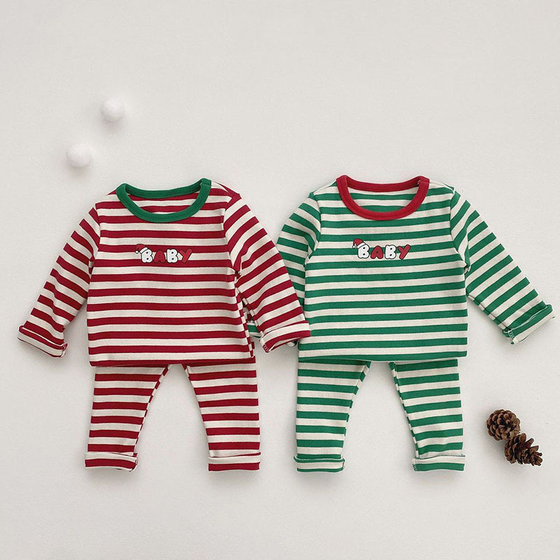 Estilo coreano Otoño e Invierno bebé recién nacido niños Navidad traje de cuatro piezas de manga larga pantalones a rayas sombrero desmontable mameluco traje de los niños