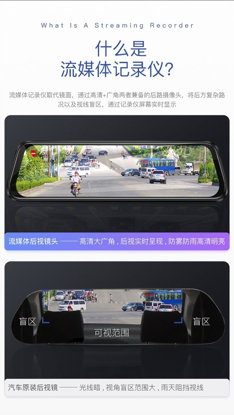 New model Renwoyou 10inch full-screen streaming smart voice-controlled dashcam with high-definition night vision and dual front and rear cameras