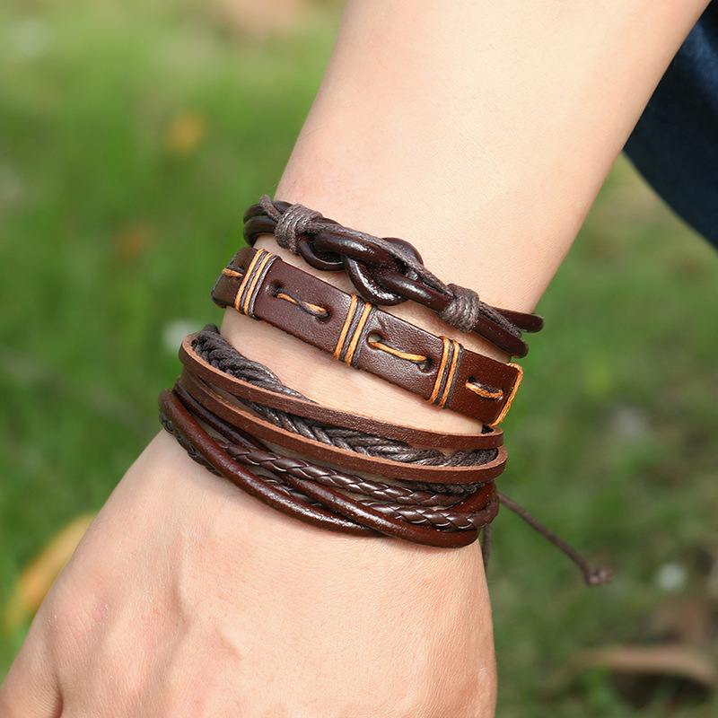 retro woven cowhide leather bracelet combination set
