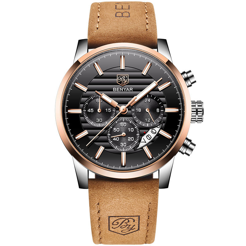BENYAR Binya reloj de negocios de los hombres de cuarzo explosión transfronteriza de seis Pines de moda de cuero calendario multifunción Mesa 5104