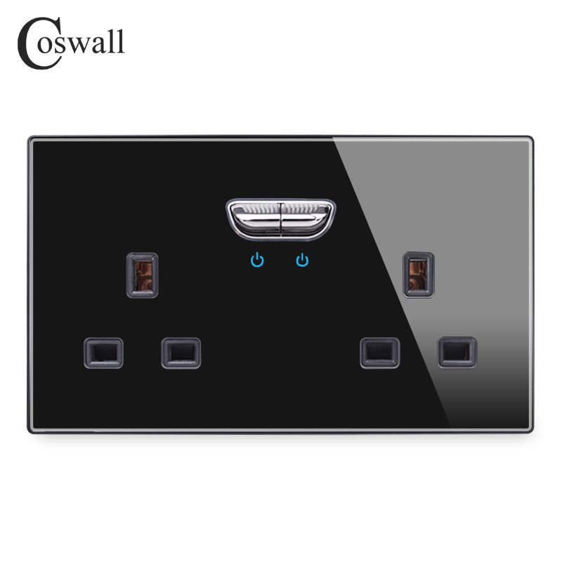 146钢化玻璃面板 拨动复位英式带开关 带LED灯 外贸墙壁插座全系