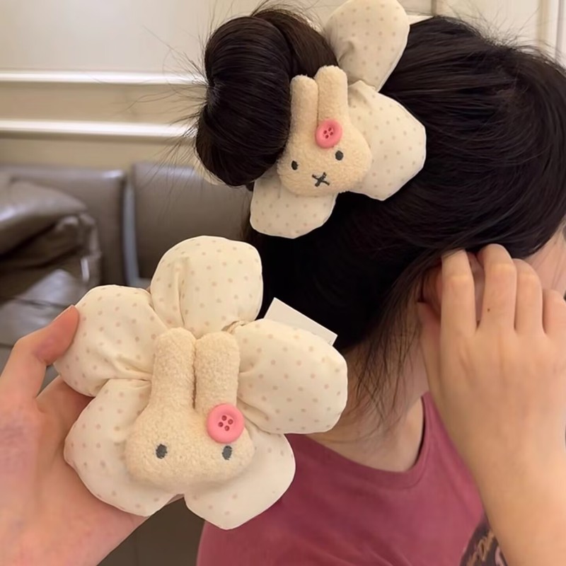 卡通粉色条纹戴眼镜米菲兔发圈少女马尾花苞大肠圈甜美丸子头发绳|undefined