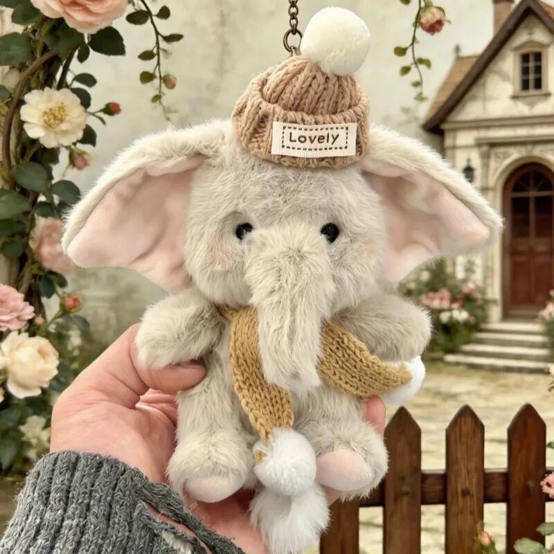 Cute elephant plush keychain with a hat, adorable and charming, perfect as a bag charm or keychain, a great birthday gift for girls or couples
