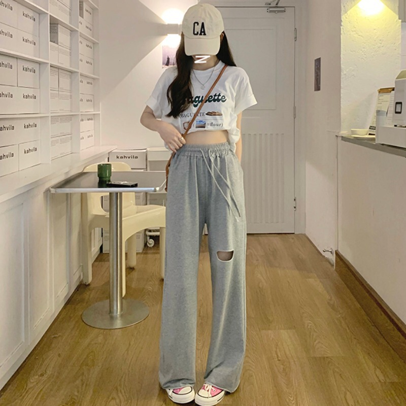 Elasto drawstring casual pants children's design sense of holes in sports pants fall sense of wide leg pants mop pants a generation of hair