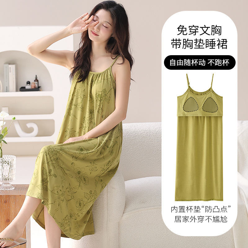 100kg Extra Large Size 5XL Nightgown Summer Thin Modal Cotton Suspender Sexy Pajamas Women's Home Clothes with Breast Pad