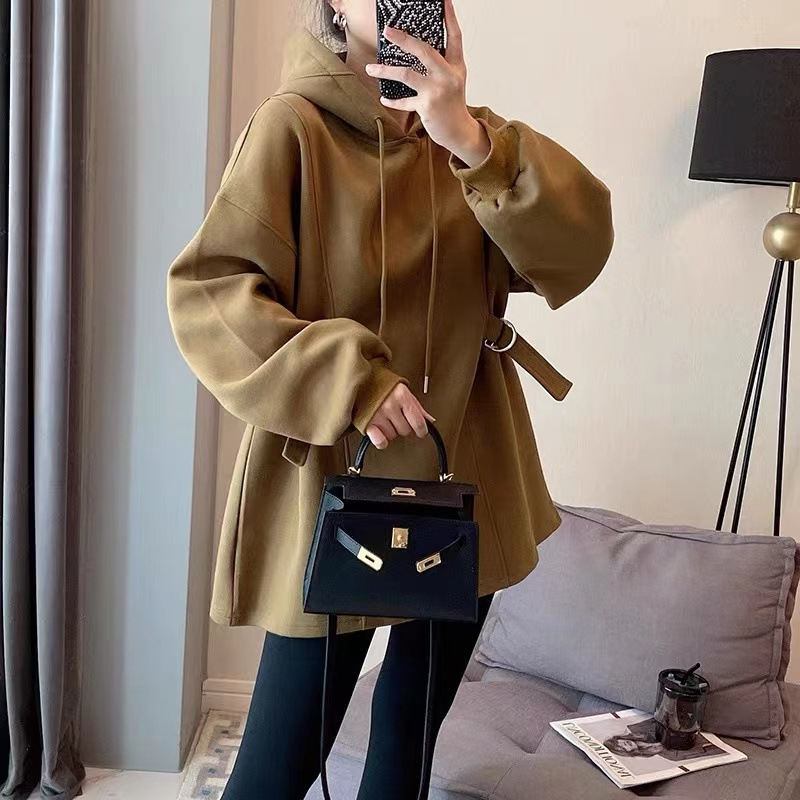 후드 솔리드 컬러 중간 길이의 드로우 스트링 스웨터 여성의 봄 유행 유행 슬림 핏 허리베이스 셔츠 풀오버 탑