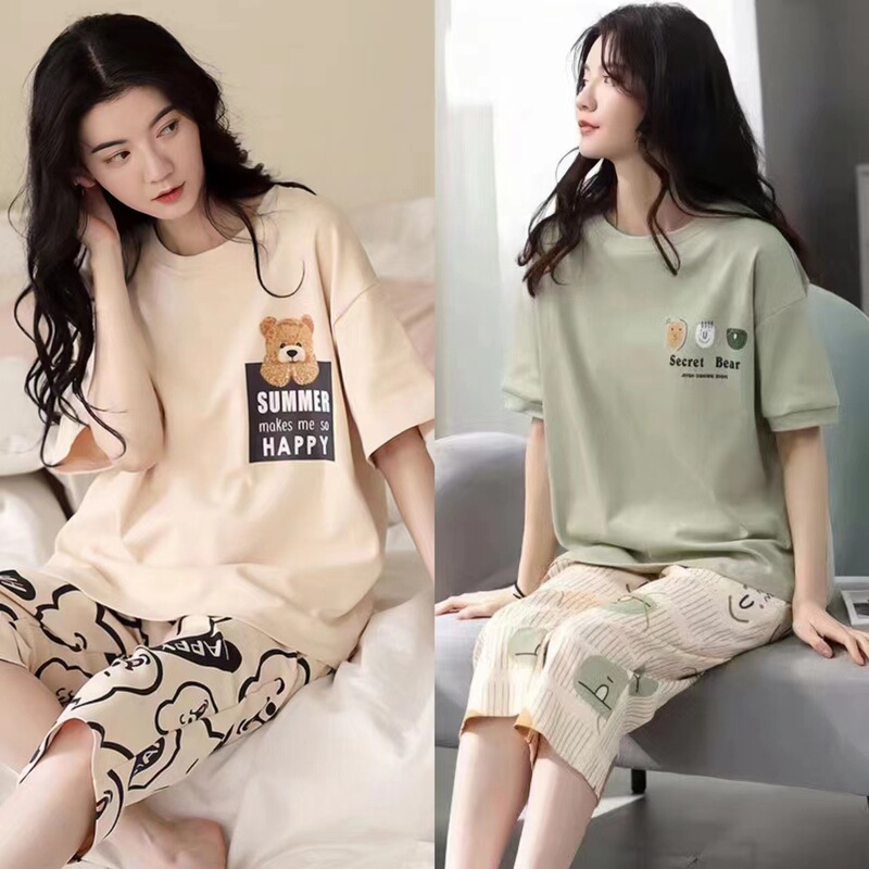 Cross-Border Wholesale Pajamas for Women, Summer Short-Sleeved Cropped Pants, Home Clothes, Summer Thin Korean Style, Two Pieces for Going Out and Leisure