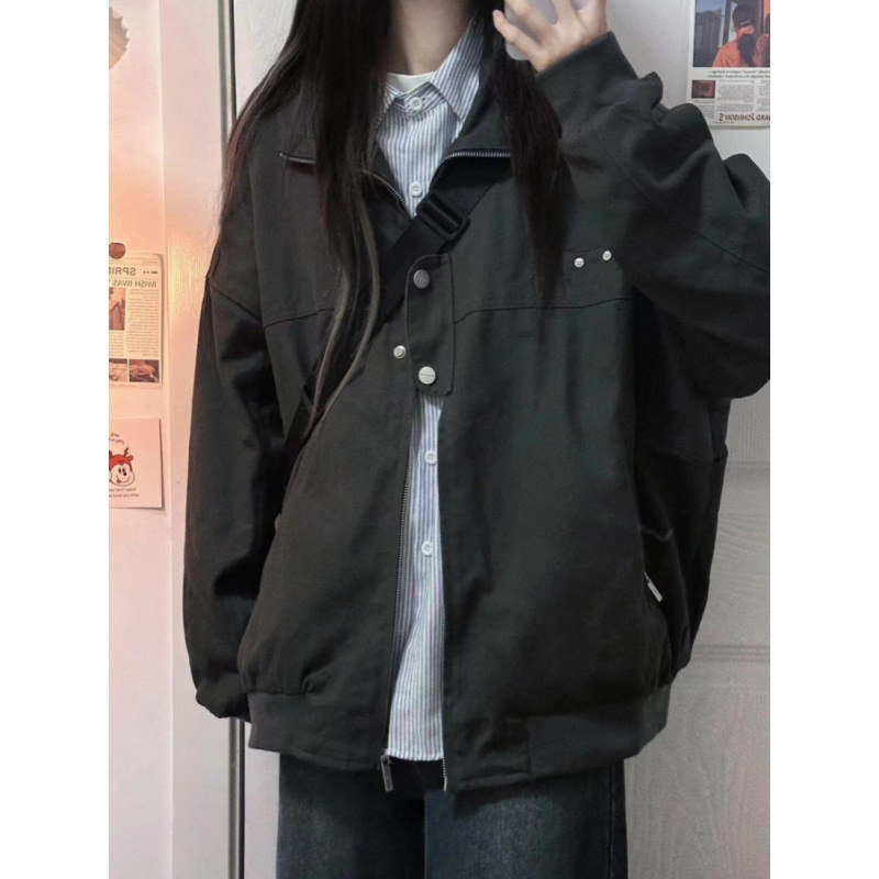工装外套女秋季2025新款美式复古休闲宽松纯色男女款飞行夹克上衣|undefined